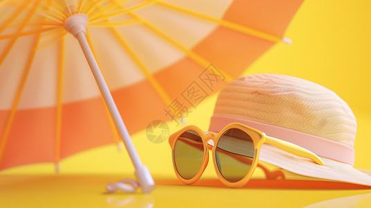 一顶草帽墨镜与雨伞度假休闲场景高清图片