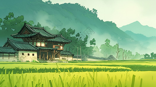 绿油油的稻田绿油油的农田中一座卡通古风卡通小村庄插画