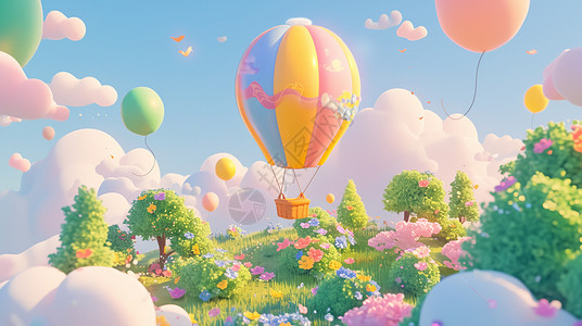 卡通热气球彩色飞过草地上的梦幻彩色卡通热气球插画