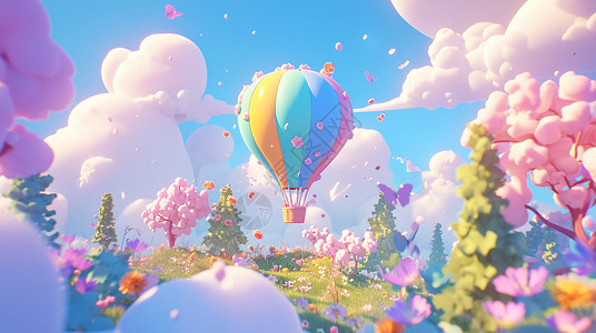 草地上的梦幻彩色卡通热气球背景图片