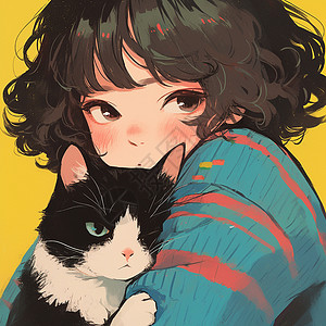 抱着宠物猫的短发卡通女孩背景图片