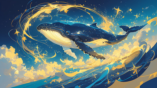 蓝色大鲸鱼飞游在大海上被金光闪闪的星星环绕的卡通鲸鱼插画