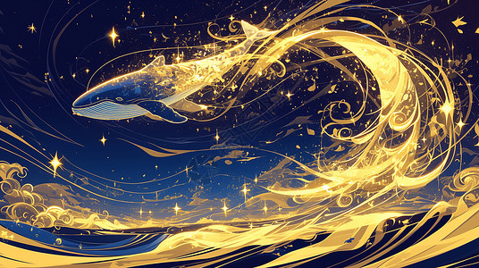 蓝色大鲸鱼在大海上被金光闪闪的星星环绕的卡通鲸鱼插画