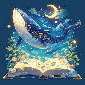 打开的书籍上有巨大可爱的卡通鲸鱼高清图片