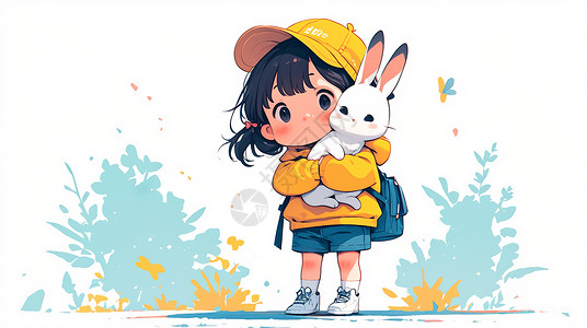 抱着猫的女孩戴着帽子穿着黄色上衣的卡通女孩抱着宠物插画