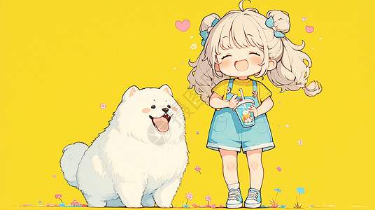 宠物狗手拿着饮品与大白狗一起玩耍的可爱卡通小女孩插画