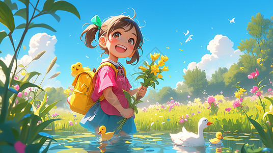 书堆中的小女孩手拿着小花在河塘中与小鸭子一起玩耍的可爱卡通 小女孩插画