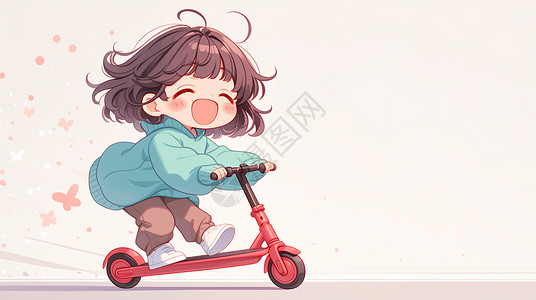 身穿蓝色上衣开心骑着电动滑板车的可爱卡通小女孩高清图片