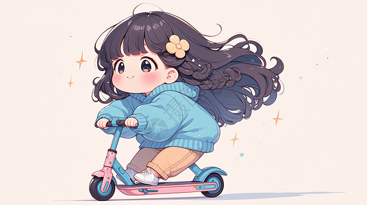 玩滑板车的女孩穿蓝色上衣开心骑着电动滑板车的可爱卡通小女孩插画