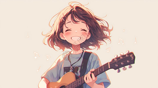 抱吉他小女孩怀里抱着吉他开心弹奏的可爱卡通小女孩插画