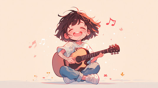 弹吉他的小女孩抱着吉他开心弹奏的可爱卡通小女孩插画