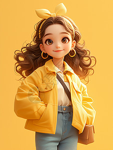 波浪长发时尚的卡通女孩穿着黄色上衣插画