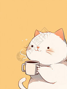 喝热茶正在喝咖啡的卡通小白猫插画