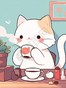 喝热茶正在喝咖啡的可爱卡通小白猫插画