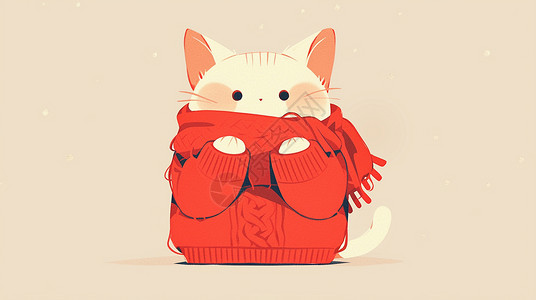 穿着红毛衣的可爱卡通小白猫插画