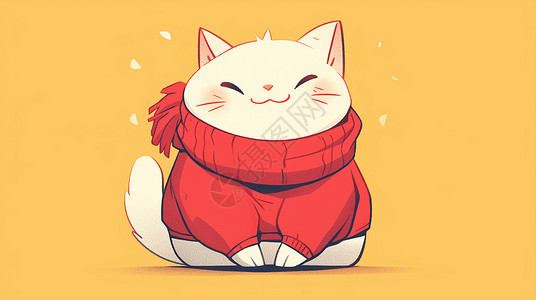 穿着红毛衣的卡通可爱小白猫背景图片