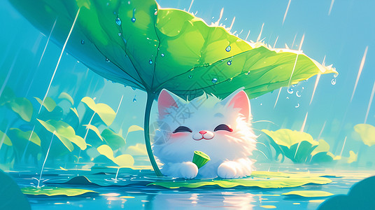 小猫背景卡通雨中在荷叶下躲雨的 卡通小白猫插画