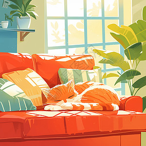 蜷缩在沙发上睡觉的卡通猫背景图片