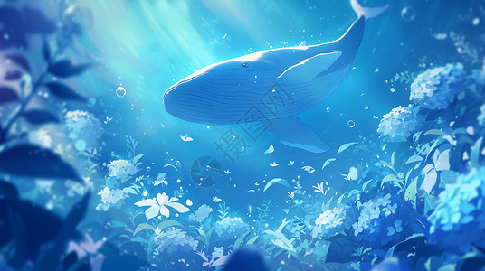 花海中的鲸鱼在深蓝色花海中游泳的卡通鲸鱼插画