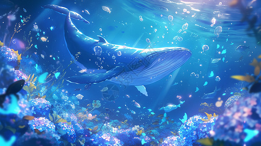 花海中的鲸鱼在深蓝色海中游泳的卡通鲸鱼插画
