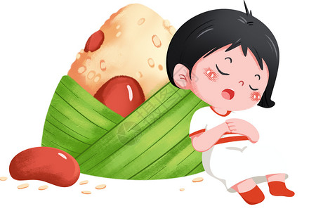 端午吃粽子端午节女孩吃糯米红豆蜜枣粽子插画