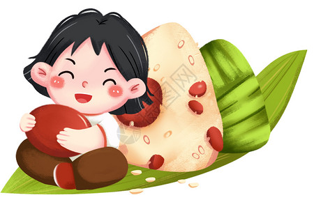 拿着粽叶的女孩端午节女孩吃蜜枣粽子插画