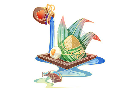 蛋黄油国潮风端午节放在托盘上的粽子和蛋黄插画