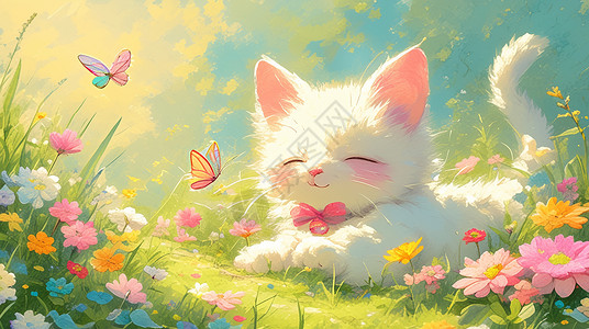 在开满花的花丛中玩耍的可爱卡通小白猫高清图片