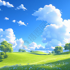 蓝天空下一片美丽的卡通山坡背景图片
