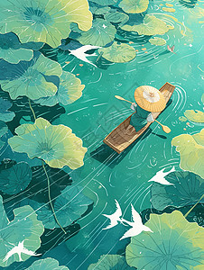 卡通人物小船戴着草帽在河塘中划船的卡通人物插画