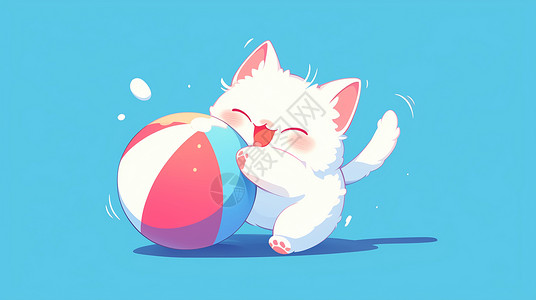 蓝色卡通水晶球在开心玩皮球的可爱卡通小猫插画