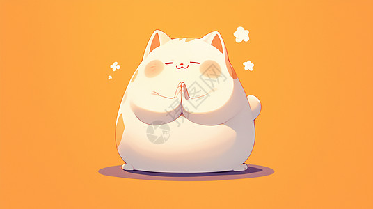 鲜橙色橘色背景上一只可爱的卡通小白猫双手合十插画