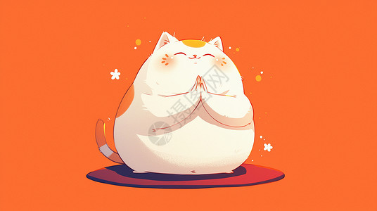 橙色背景上一只胖乎乎可爱的卡通小白猫双手合十插画