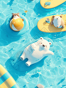 在游泳池里休息在游泳池里玩耍的卡通胖熊插画