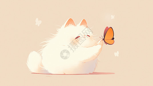 黄色猫卡通的小白猫与蝴蝶一起玩耍插画