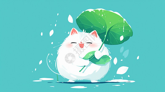下雨卡通拿着大大的荷叶遮雨的可爱卡通小白猫插画