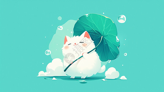 可爱的卡通拿着荷叶遮雨的可爱卡通小白猫插画