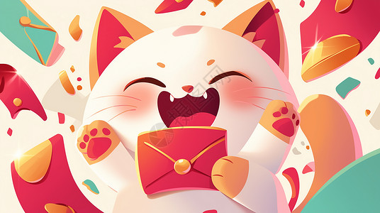 抱着大红包开心笑的卡通招财猫背景图片