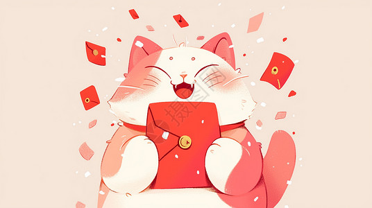 抱着大大的红包笑的卡通招财猫背景图片