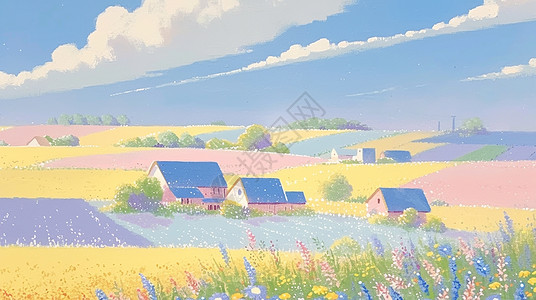 青山中的房子山中彩色梦幻唯美的村庄插画