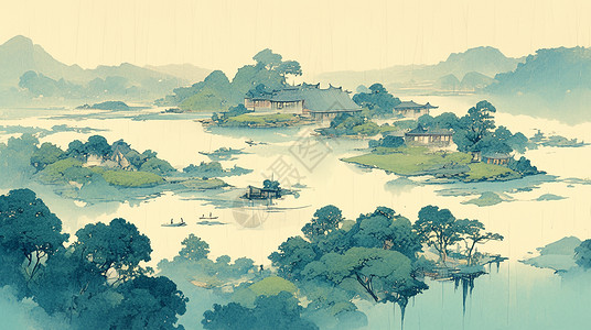 云雾缭绕中国古风山水画背景图片
