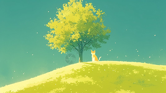 大树山坡绿色山坡上一棵大树下一个可爱的卡通小猫在乘凉插画