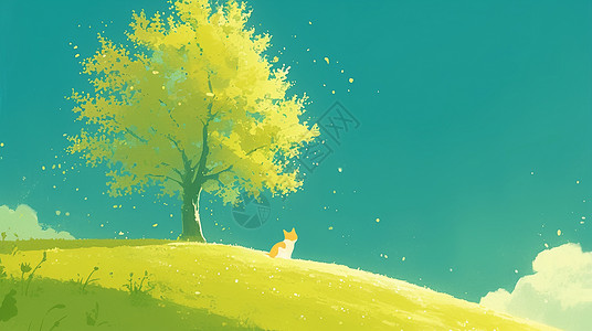 绿色山坡上一棵大树下一个可爱的卡通小猫在乘凉高清图片