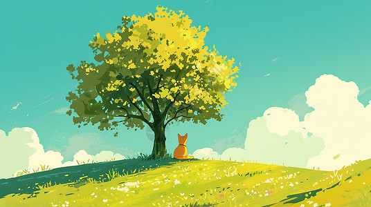 绿色山坡上一棵大树下一个可卡通小猫在乘凉高清图片