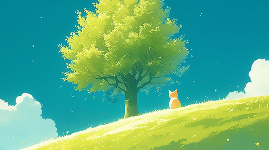绿色山坡上一棵大树下一个可爱的小猫在乘凉高清图片
