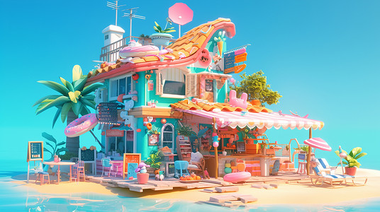 沙滩屋金色沙滩上一个可爱的甜品屋插画