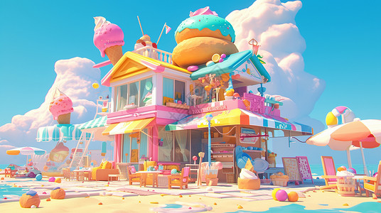 金色沙滩上一个卡通甜品屋背景图片