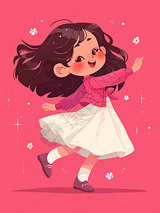 粉色半身裙穿着白色半身裙开心笑的可爱卡通女孩插画