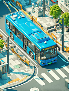 蓝色长长的巴士行驶在城市中的公路上背景图片