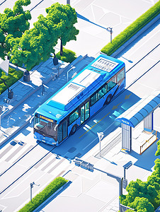 斑马线卡通蓝色长长的巴士行驶在城市中的公路上插画